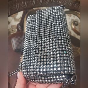 Madison West Crystal Rhinestone Flap Black&silver Barbiecore Metallic Bag